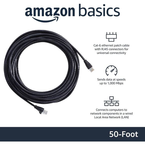 Amazon Basics Cat 6 Gigabit Ethernet Patch Black Cable RJ45 1000Mhz Copper 50 Ft - Picture 4 of 6